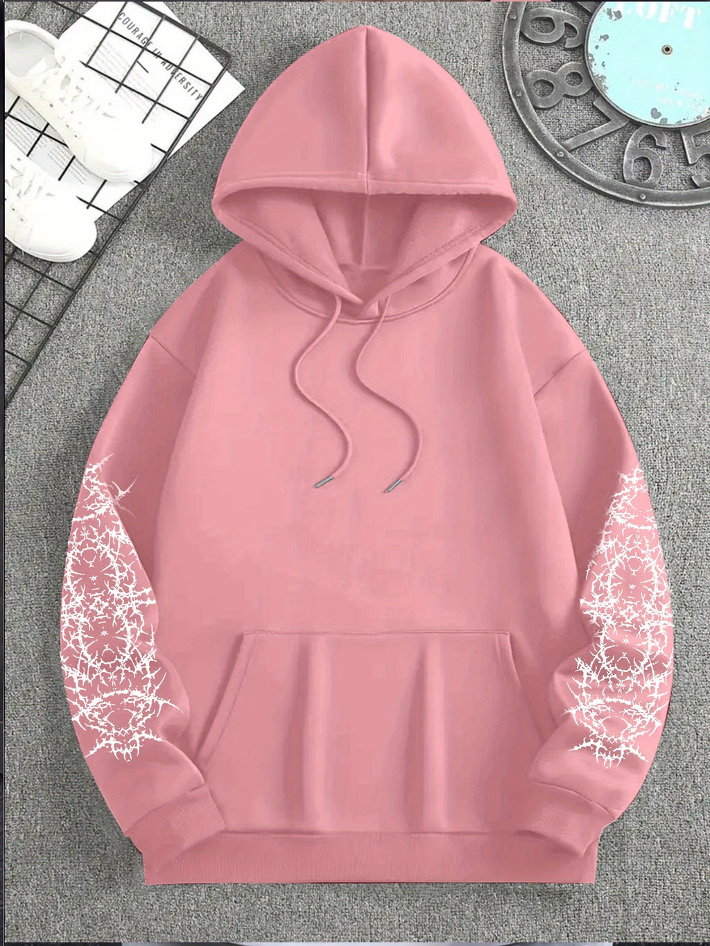 Men's Angel Element Graffiti Thorn Print Streetwear Hip-Hop Punk Style Hooded Sweatshirt, Regular Fit with Hooded Collar, Solid Color with Graphic Print, Casual Long-Sleeve Pullover