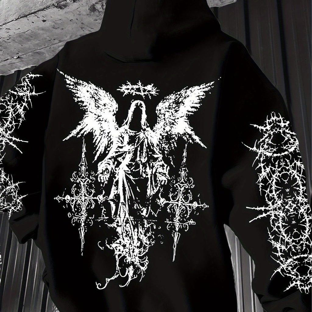 Men's Angel Element Graffiti Thorn Print Streetwear Hip-Hop Punk Style Hooded Sweatshirt, Regular Fit with Hooded Collar, Solid Color with Graphic Print, Casual Long-Sleeve Pullover