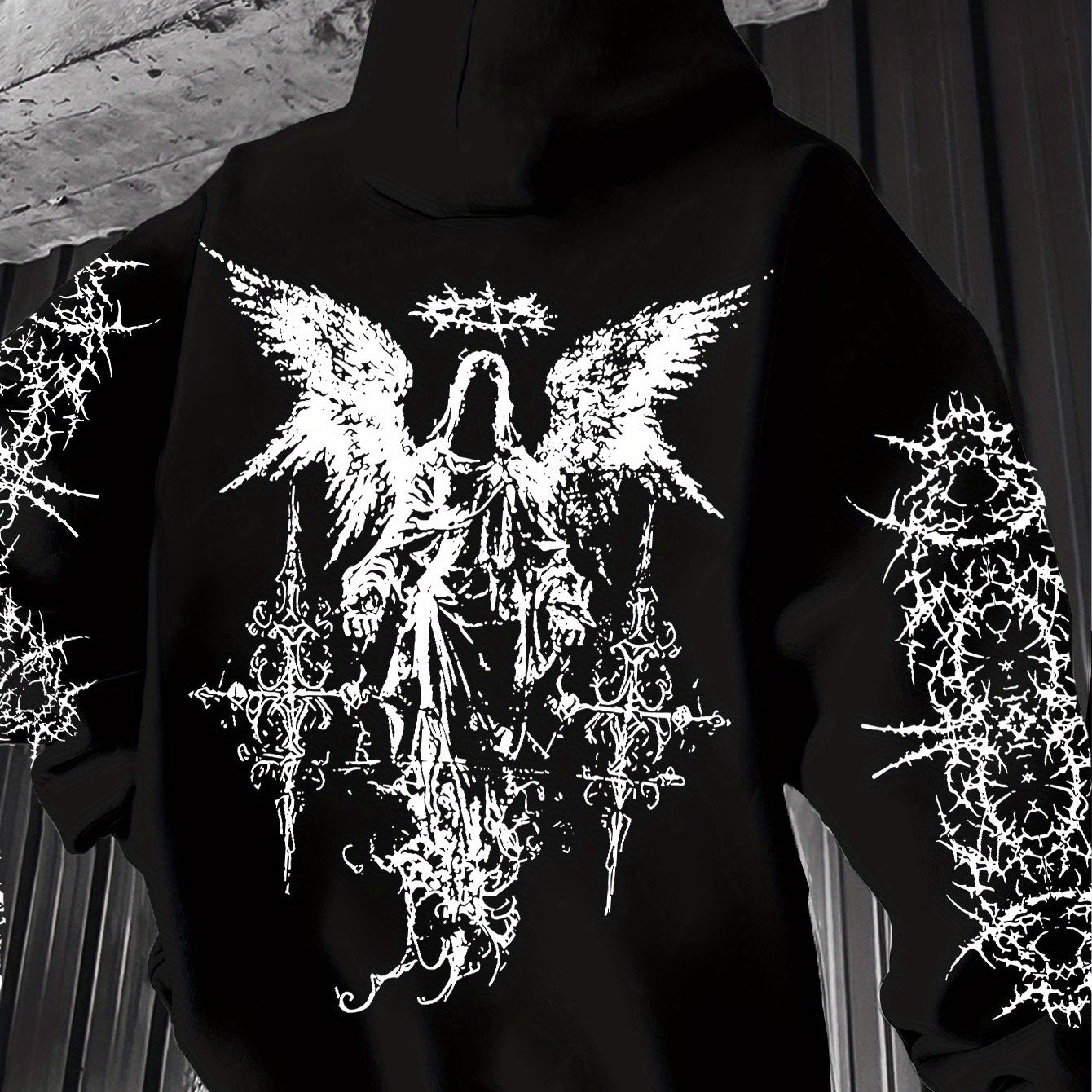 Men's Angel Element Graffiti Thorn Print Streetwear Hip-Hop Punk Style Hooded Sweatshirt, Regular Fit with Hooded Collar, Solid Color with Graphic Print, Casual Long-Sleeve Pullover