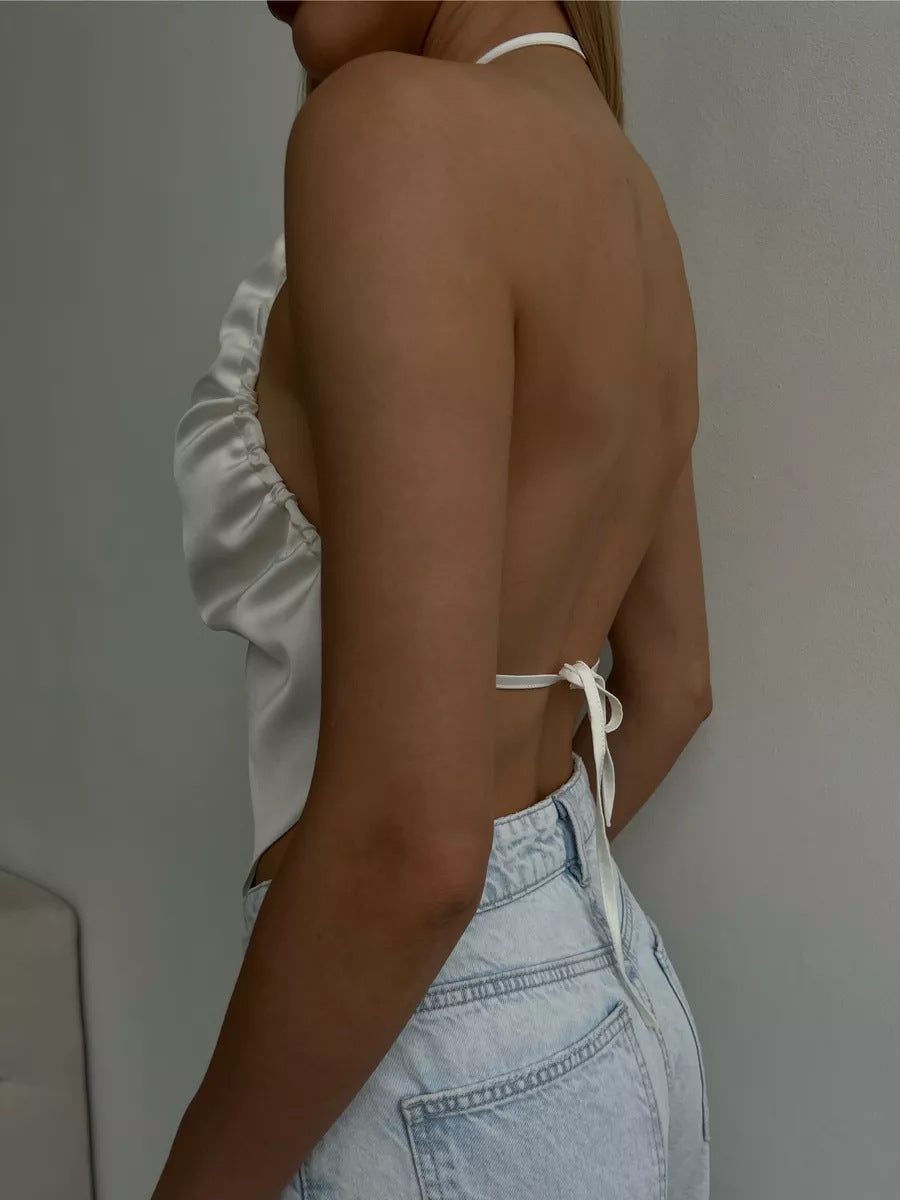 BKQU Satin Women Halter Top Solid Color Irregular Sexy Backless Slip Tank Top 2025 Summer New Party Hot Girl Y2k Ruched Camisole by KATA - Tropical Star