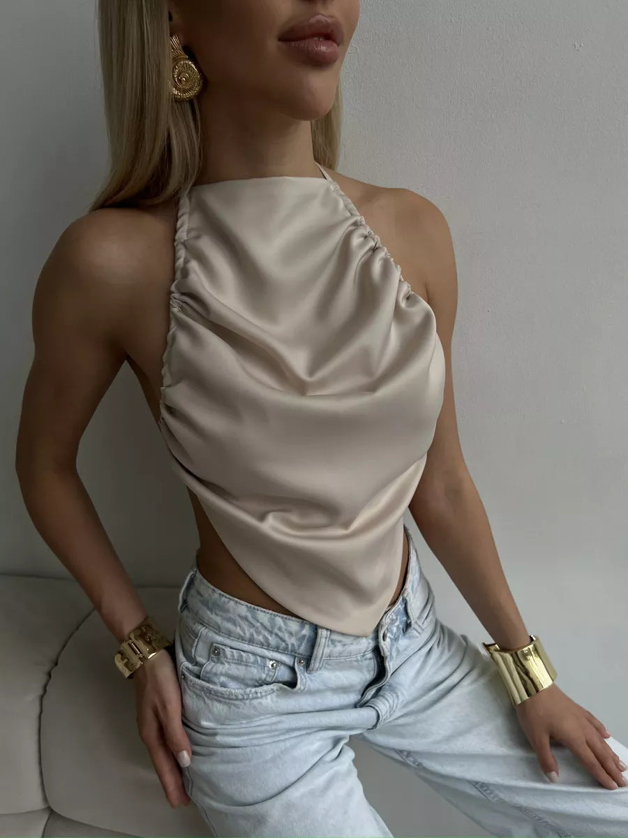 BKQU Satin Women Halter Top Solid Color Irregular Sexy Backless Slip Tank Top 2025 Summer New Party Hot Girl Y2k Ruched Camisole by KATA - Tropical Star