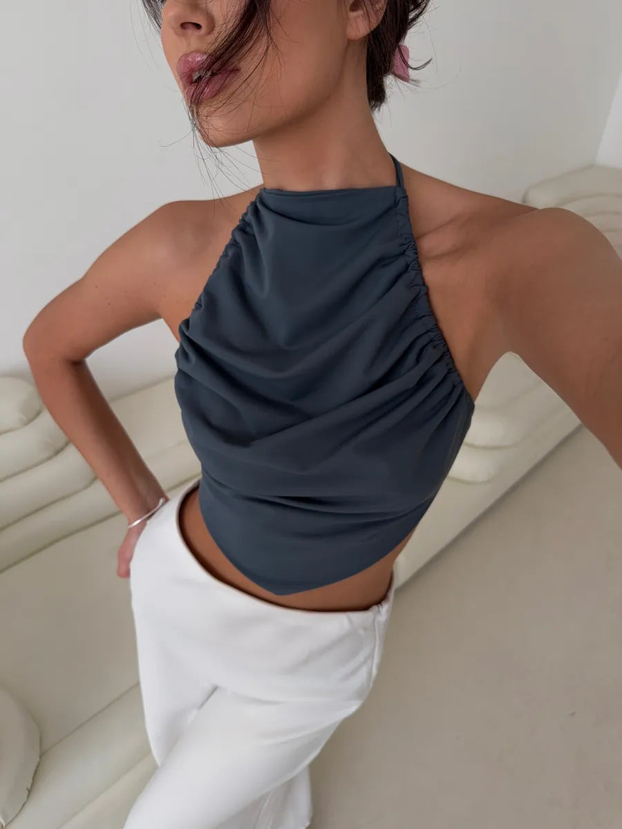 BKQU Satin Women Halter Top Solid Color Irregular Sexy Backless Slip Tank Top 2025 Summer New Party Hot Girl Y2k Ruched Camisole by KATA - Tropical Star