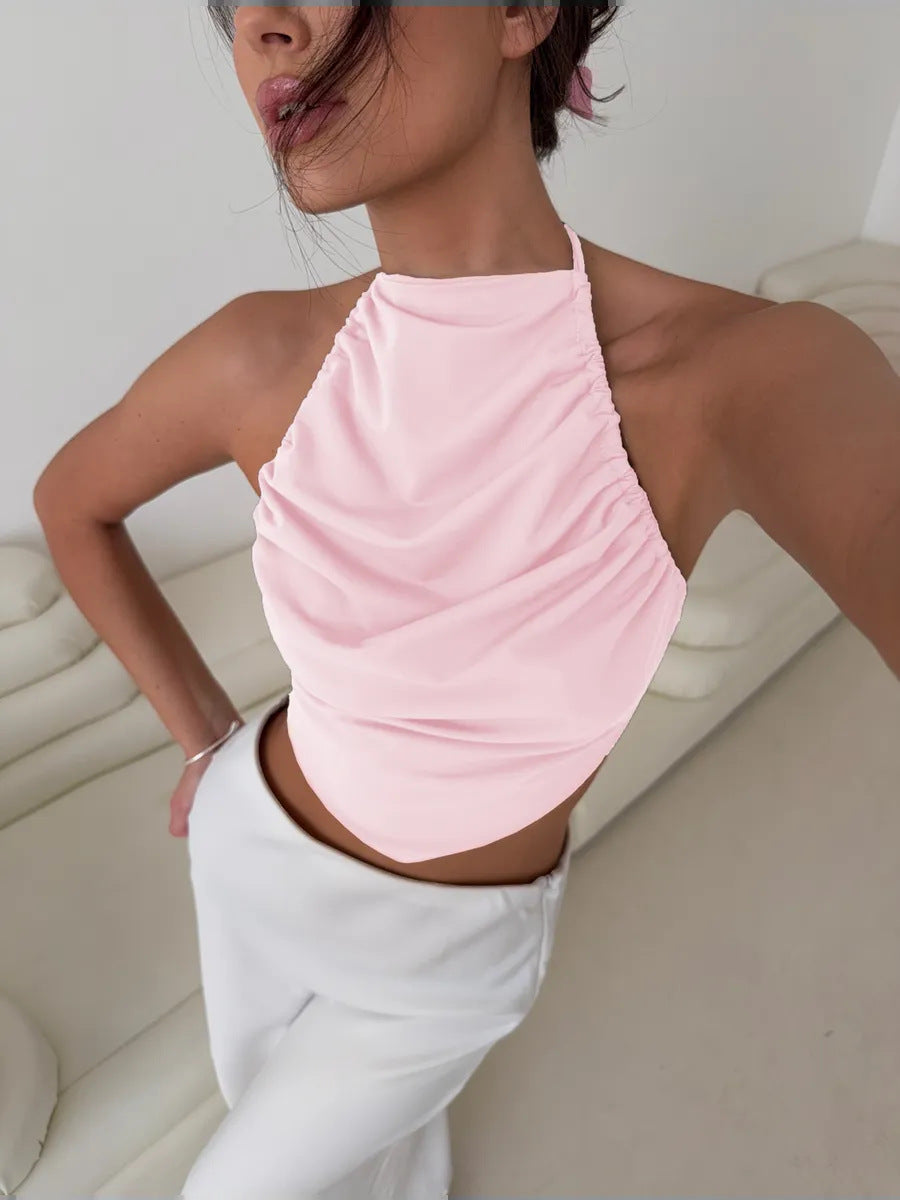 BKQU Satin Women Halter Top Solid Color Irregular Sexy Backless Slip Tank Top 2025 Summer New Party Hot Girl Y2k Ruched Camisole by KATA - Tropical Star