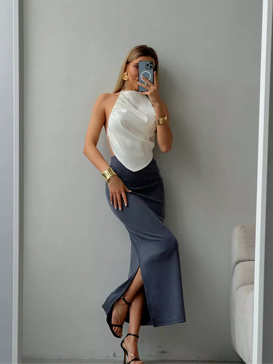 BKQU Satin Women Halter Top Solid Color Irregular Sexy Backless Slip Tank Top 2025 Summer New Party Hot Girl Y2k Ruched Camisole by KATA - Tropical Star