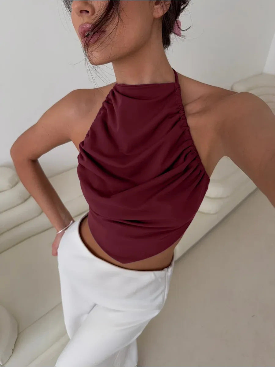 BKQU Satin Women Halter Top Solid Color Irregular Sexy Backless Slip Tank Top 2025 Summer New Party Hot Girl Y2k Ruched Camisole by KATA - Tropical Star