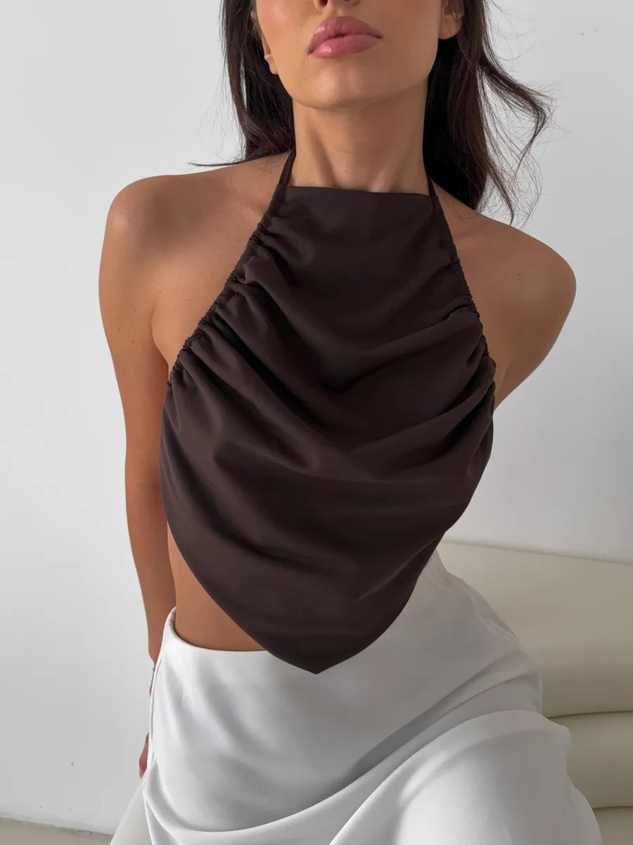 BKQU Satin Women Halter Top Solid Color Irregular Sexy Backless Slip Tank Top 2025 Summer New Party Hot Girl Y2k Ruched Camisole by KATA - Tropical Star