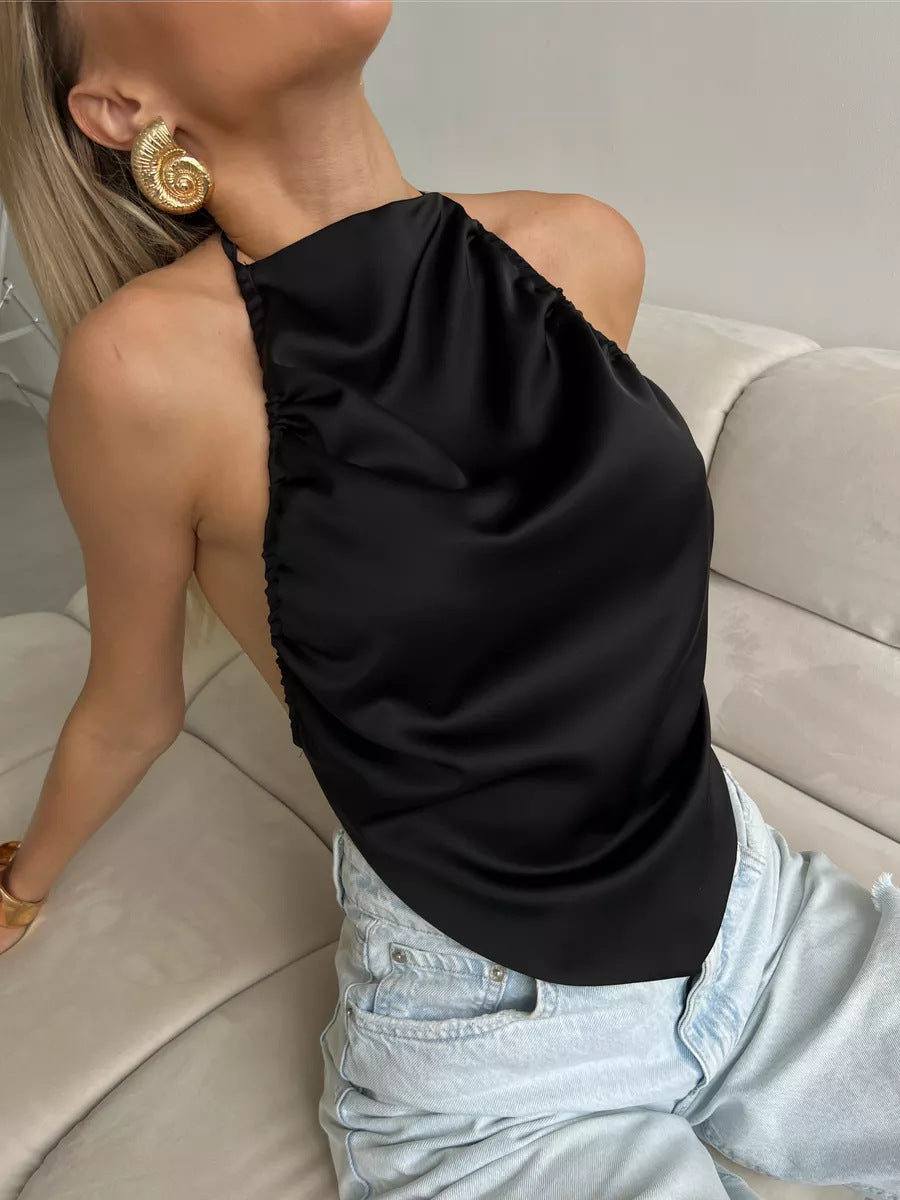 BKQU Satin Women Halter Top Solid Color Irregular Sexy Backless Slip Tank Top 2025 Summer New Party Hot Girl Y2k Ruched Camisole by KATA - Tropical Star