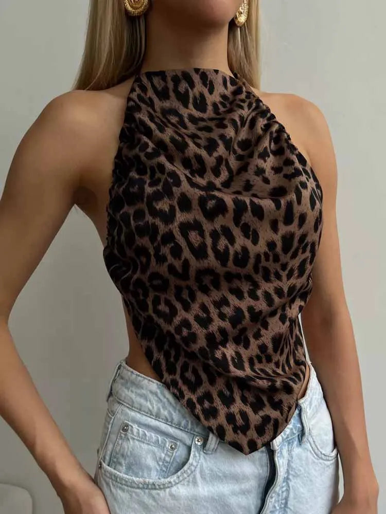 BKQU Satin Women Halter Top Solid Color Irregular Sexy Backless Slip Tank Top 2025 Summer New Party Hot Girl Y2k Ruched Camisole by KATA - Tropical Star