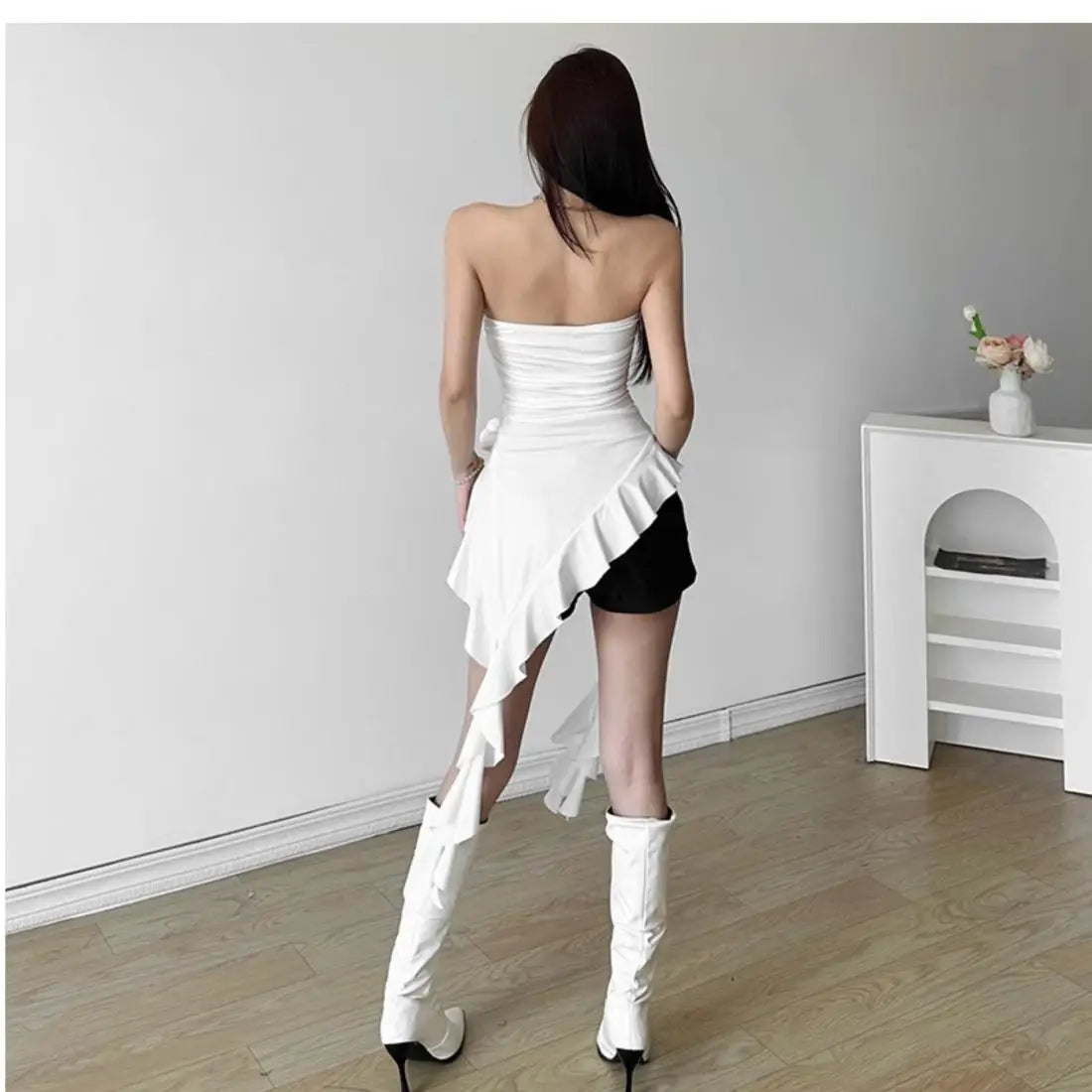 Women Bustier Tops Irregular 3D Roses Ruffle Slim Aesthetic Summer Chic Streetwear Tops Solid Red Womenswear Black White Sexy by KATA - Tropical Star