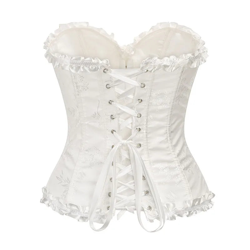 Yellow Jacquard Ruffled Trim Boned Sexy Overbust Push Up Bustier Top Corset Mujer Slimming Corsets For Women Sexy Gothic Clothes