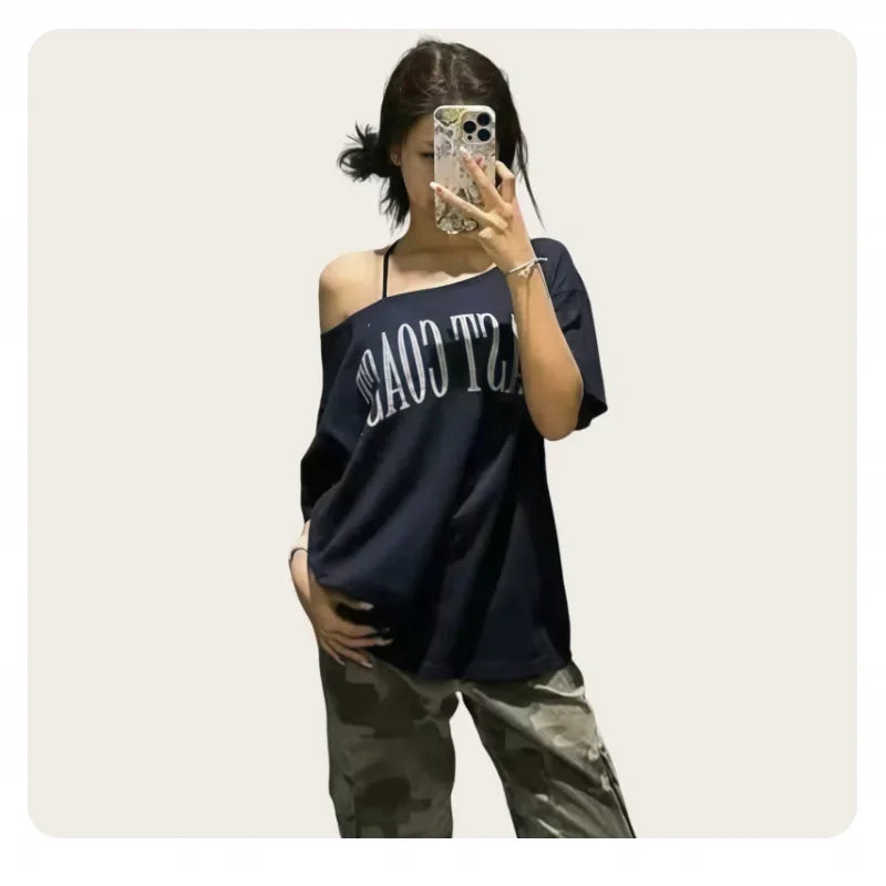 American-Style Short-Sleeved T-Shirt for Women, Summer Design, Finterest Slimming, Loose, Retro Off-Shoulder Top by KATA - Tropical Star