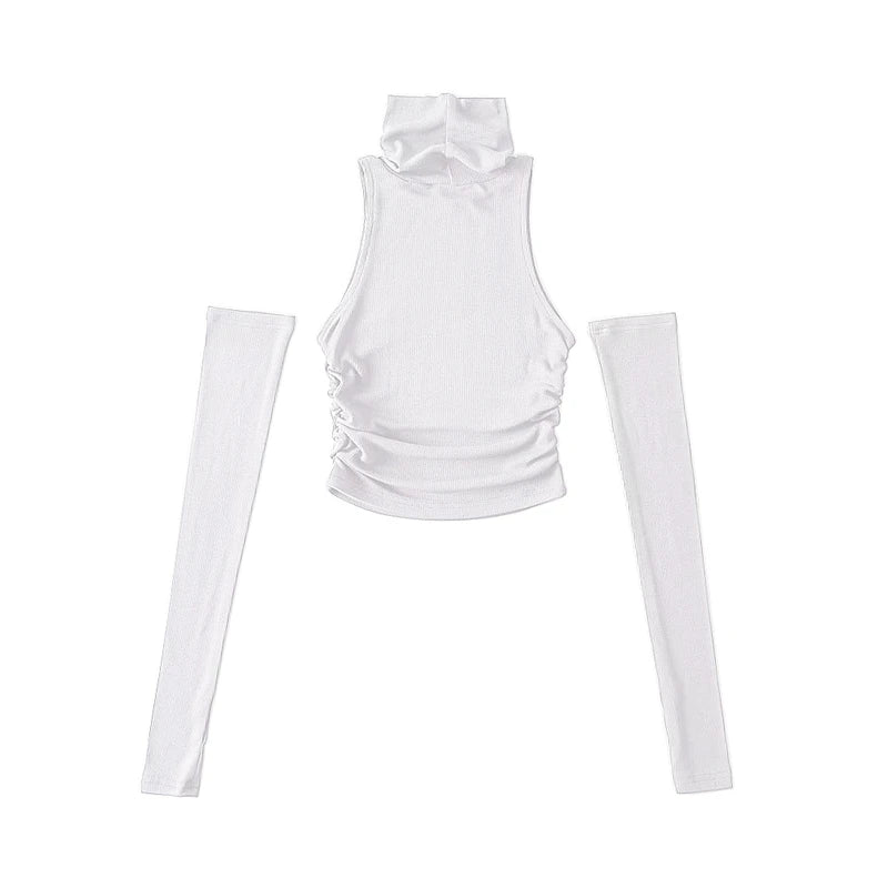 Woman Clothes Fall 2025 Tank Top Sleeve Cover Sleevless Side Pleats Turtleneck T-shirt Sexy Ribbed Knitted Tops Y2k 2529 by KATA - Tropical Star
