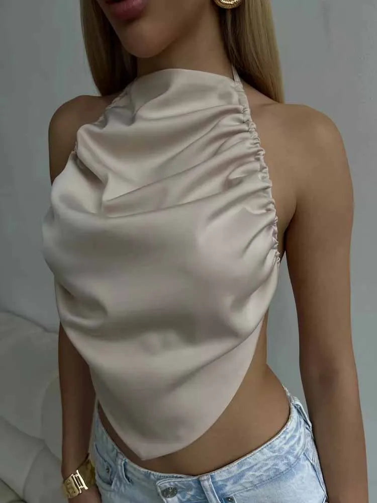 BKQU Satin Women Halter Top Solid Color Irregular Sexy Backless Slip Tank Top 2025 Summer New Party Hot Girl Y2k Ruched Camisole by KATA - Tropical Star