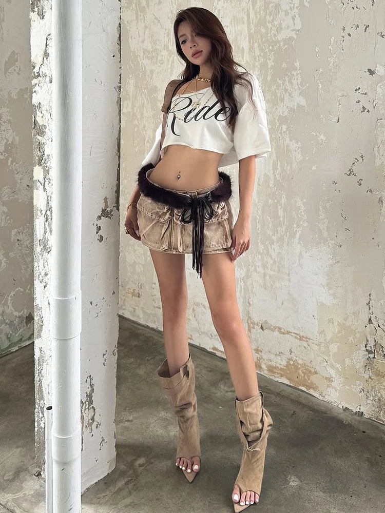Weird Puss Letter Print Crop Tops Women Summer Trend Wild Biased Collar Street Skinny Simple Classic Streetwear Daily Soft Tees by KATA - Tropical Star