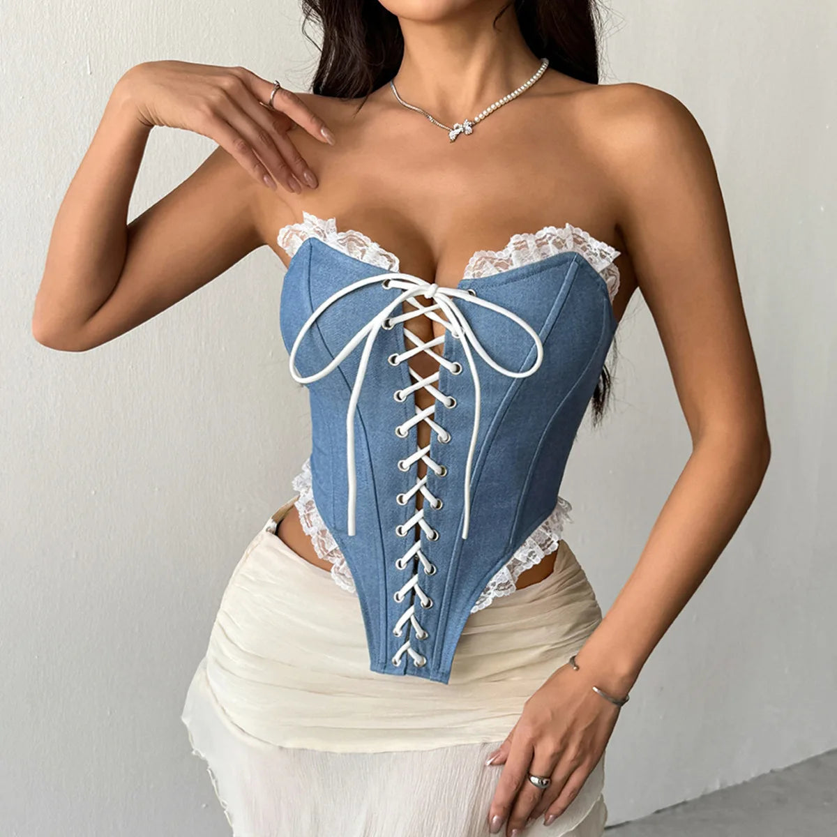Denim Lace Strapless Corset Tank Top – Blue - Tropical Star