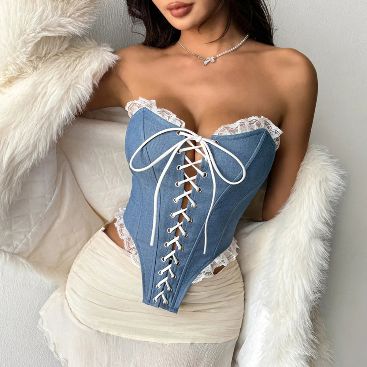 SINGREINY Denim Lace Hotsweet Tank Tops 2026 Strapless Off Shoulder Lace Up Corset Tops Ladies Summer Korean Hot Girl Camisoles by KATA - Tropical Star