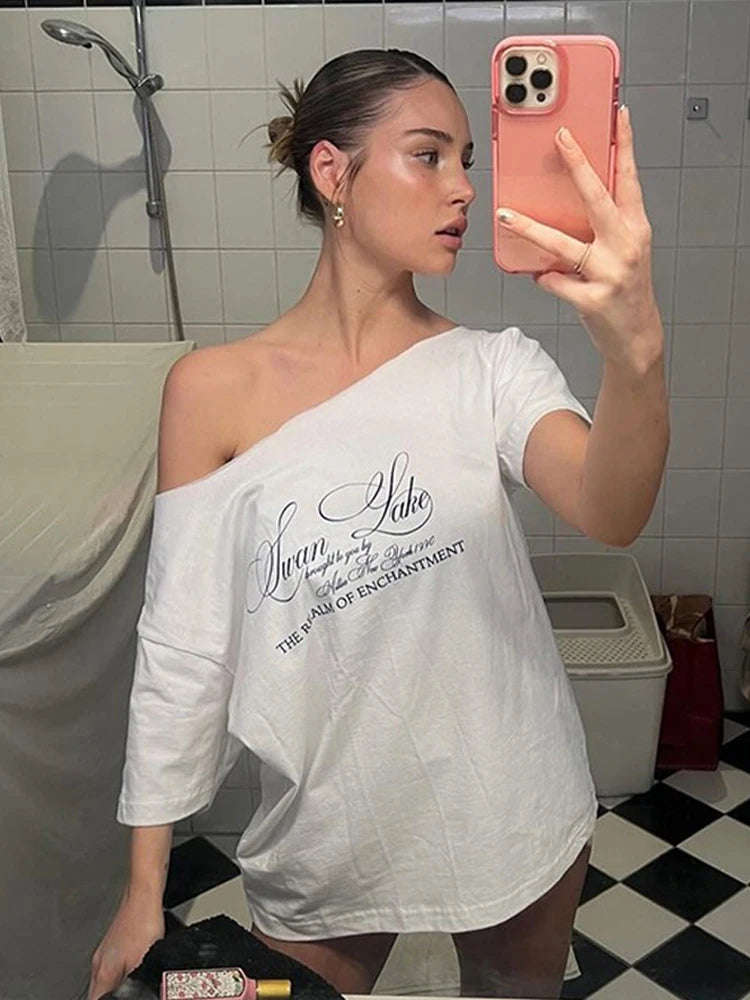 Weird Puss Slanted Dhoulders Woman T-shirt Letter Print Basic Casual Relax Soft Street Basic Classic Fashionable Slim Chic Tees by KATA - Tropical Star