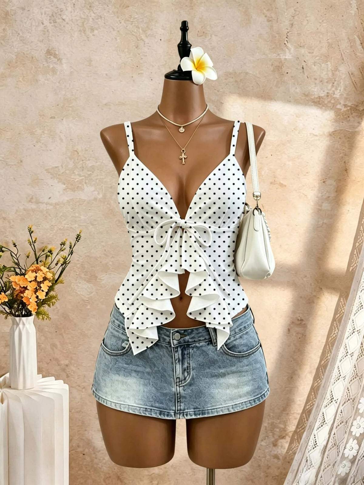Women Thin Spaghetti Strap Deep V Front Self Tie Ruffle Hem Slim Crop Camisole 2026 Summer Y2K Solid White Sleeveless Going Out