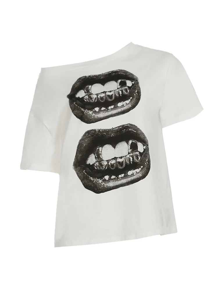 American Street Hip Hop Mouth Print Loose T-shirt Women Personalized Casual Top by KATA - Tropical Star