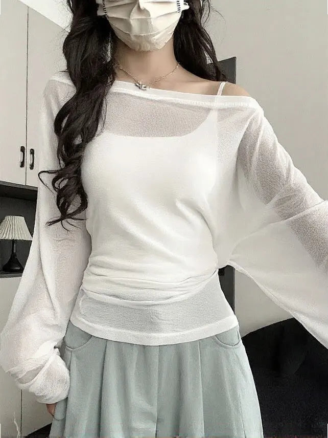 See Through Long sleeve Oversize T shirt Women Sexy Back Bandage Off shoulder Top Female Basic Long Tees Korean Chic Lady New by KATA - Tropical Star