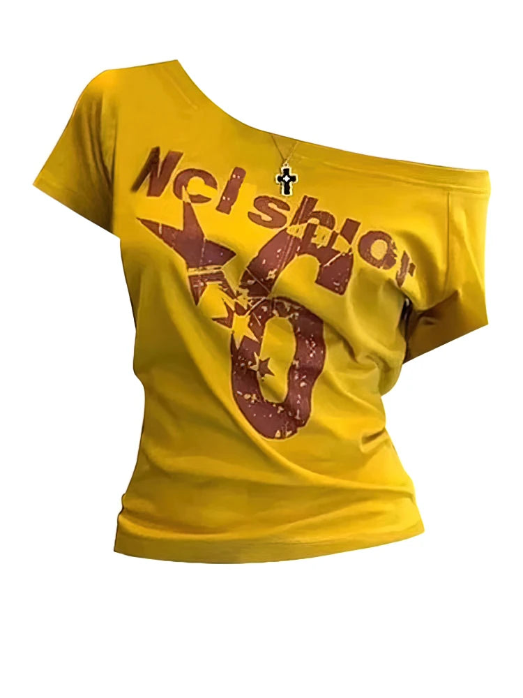 Y2k Sport Summer Off shoulder Top Women Sexy Vintage 2000s Short sleeve T shirt Lady Body Basic Crop Top Female Casual by KATA - Tropical Star