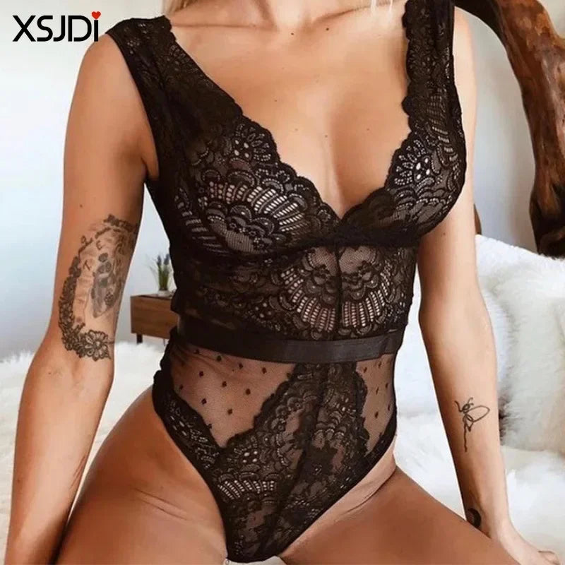 Sexy Bodysuit Women Lace Overalls Transparent Body Porno Mesh Bodysuit Lingerie Lace Hot Sex Costume Women See-through Babydoll by KATA - Tropical Star