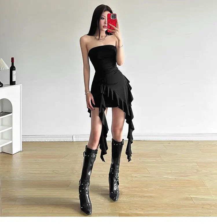 Women Bustier Tops Irregular 3D Roses Ruffle Slim Aesthetic Summer Chic Streetwear Tops Solid Red Womenswear Black White Sexy by KATA - Tropical Star