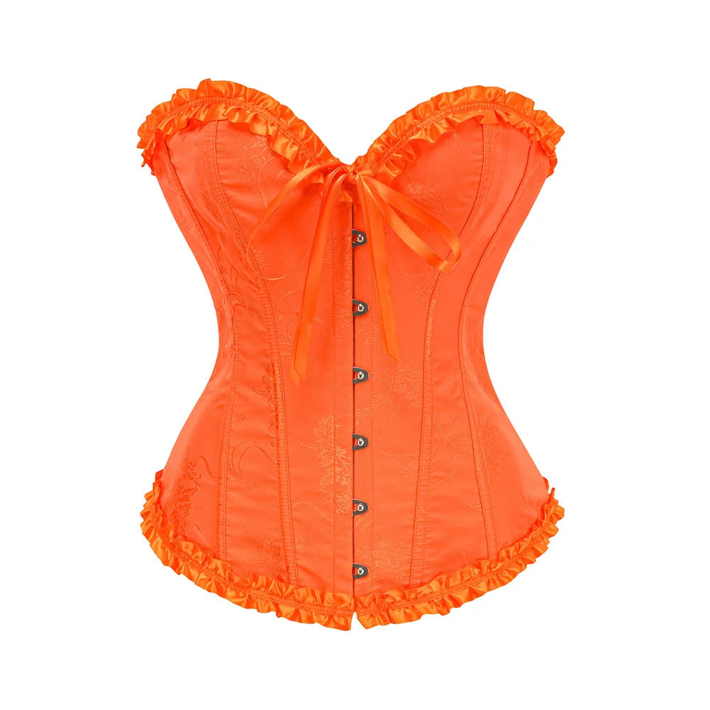 Yellow Jacquard Ruffled Trim Boned Sexy Overbust Push Up Bustier Top Corset Mujer Slimming Corsets For Women Sexy Gothic Clothes