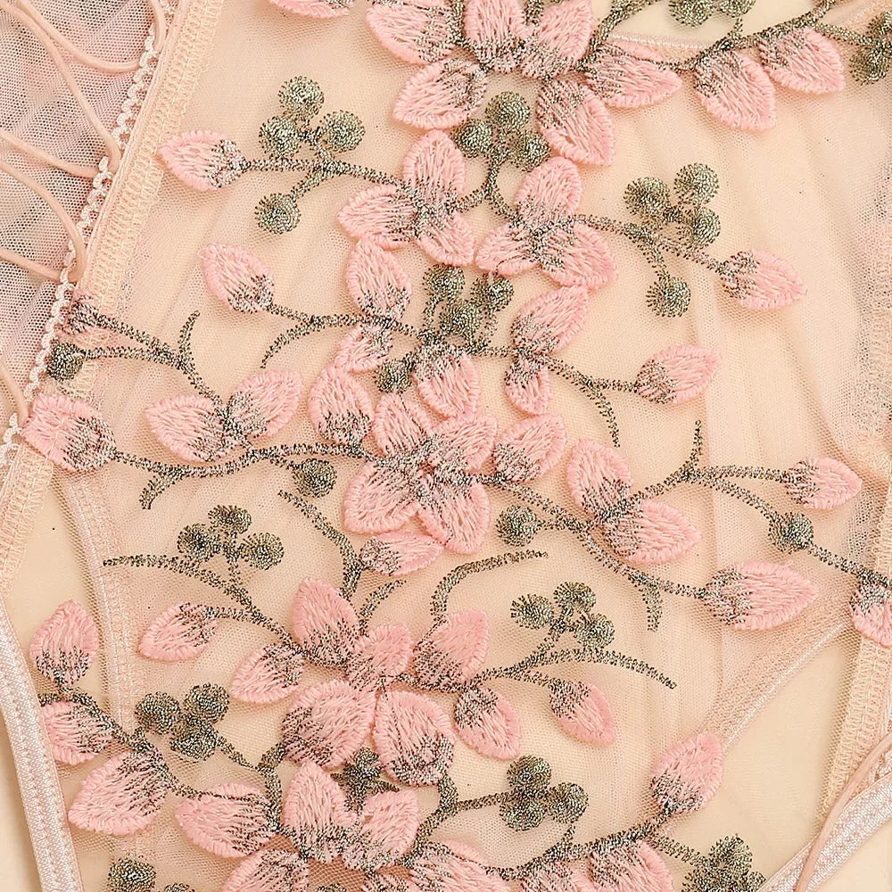 Porn Suit Floral Lace Embroidery Bodysuit Women Sexy Lingerie Bandage See Through Deep V Backless Body Suit Exotic Underwear