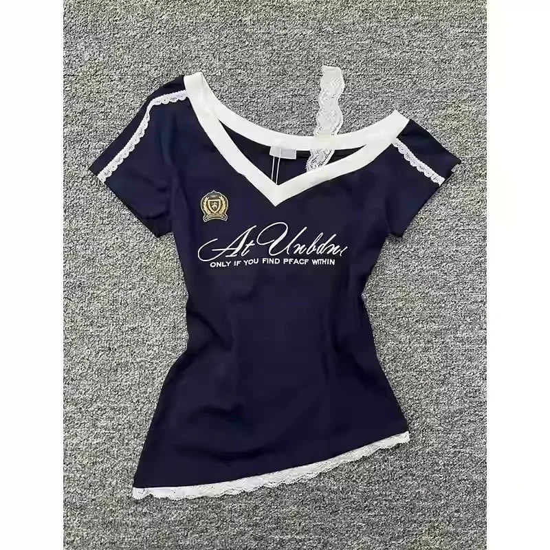 Millennium style Gothic Hot Girl Waist Splicing Lace Strap Short Sleeve T-shirt for Women 2025 New Summer navy blue slim fit top by KATA - Tropical Star