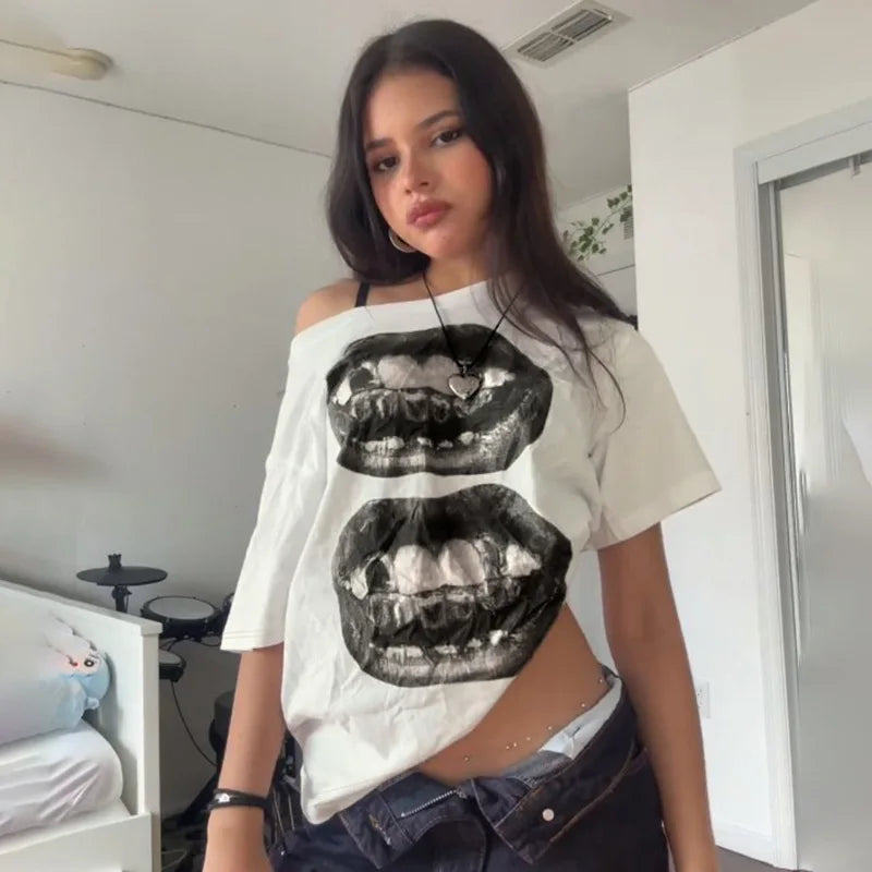 American Street Hip Hop Mouth Print Loose T-shirt Women Personalized Casual Top by KATA - Tropical Star