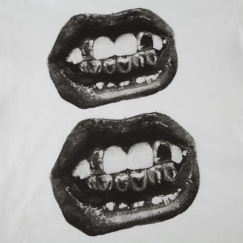 American Street Hip Hop Mouth Print Loose T-shirt Women Personalized Casual Top
