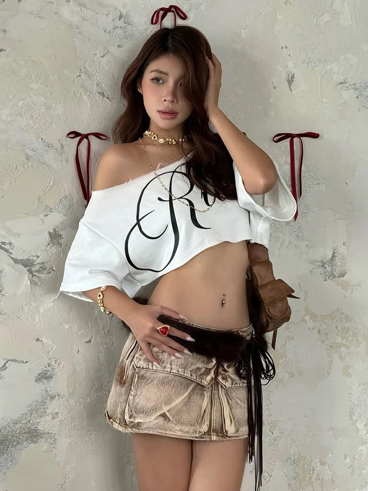 Weird Puss Letter Print Crop Tops Women Summer Trend Wild Biased Collar Street Skinny Simple Classic Streetwear Daily Soft Tees by KATA - Tropical Star