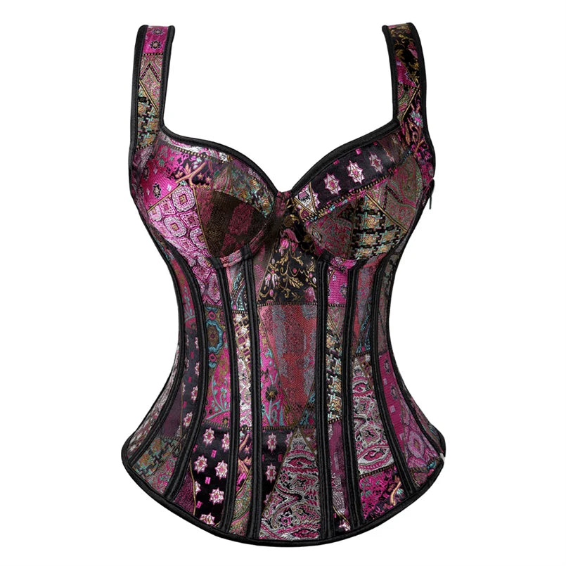 Women Corset with Straps Black Overbust Corset Plus Size Floral Jacquard Corset Zipper Top Gothic Steampunk Corset Bustier