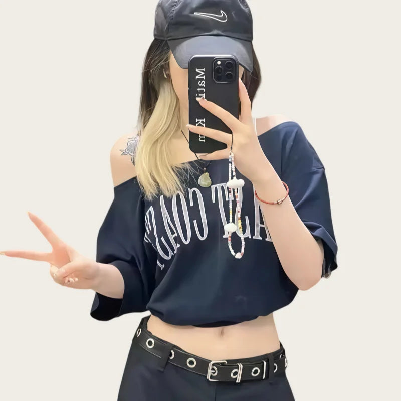 American-Style Short-Sleeved T-Shirt for Women, Summer Design, Finterest Slimming, Loose, Retro Off-Shoulder Top by KATA - Tropical Star