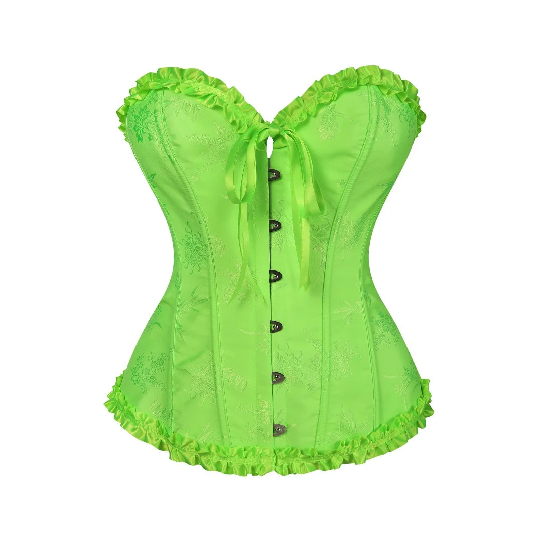 Yellow Jacquard Ruffled Trim Boned Sexy Overbust Push Up Bustier Top Corset Mujer Slimming Corsets For Women Sexy Gothic Clothes