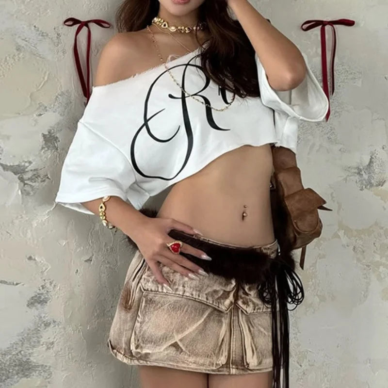 Puloru Off One Shoulder Crop Tops Women's Letter Print Short Sleeve Loose Fit T-Shirts Streetwear Grunge Clothes Casual Tees by KATA - Tropical Star