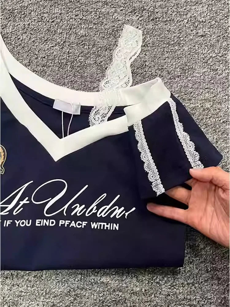 Millennium style Gothic Hot Girl Waist Splicing Lace Strap Short Sleeve T-shirt for Women 2025 New Summer navy blue slim fit top by KATA - Tropical Star