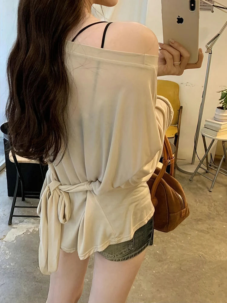See Through Long sleeve Oversize T shirt Women Sexy Back Bandage Off shoulder Top Female Basic Long Tees Korean Chic Lady New by KATA - Tropical Star