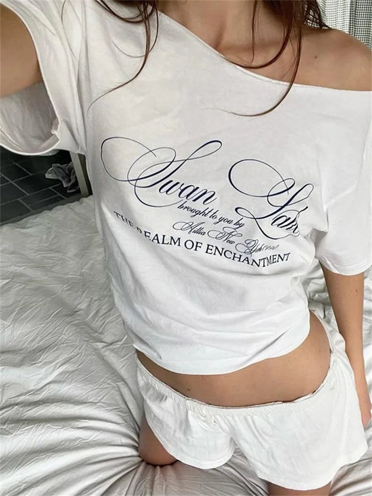 Weird Puss Slanted Dhoulders Woman T-shirt Letter Print Basic Casual Relax Soft Street Basic Classic Fashionable Slim Chic Tees by KATA - Tropical Star