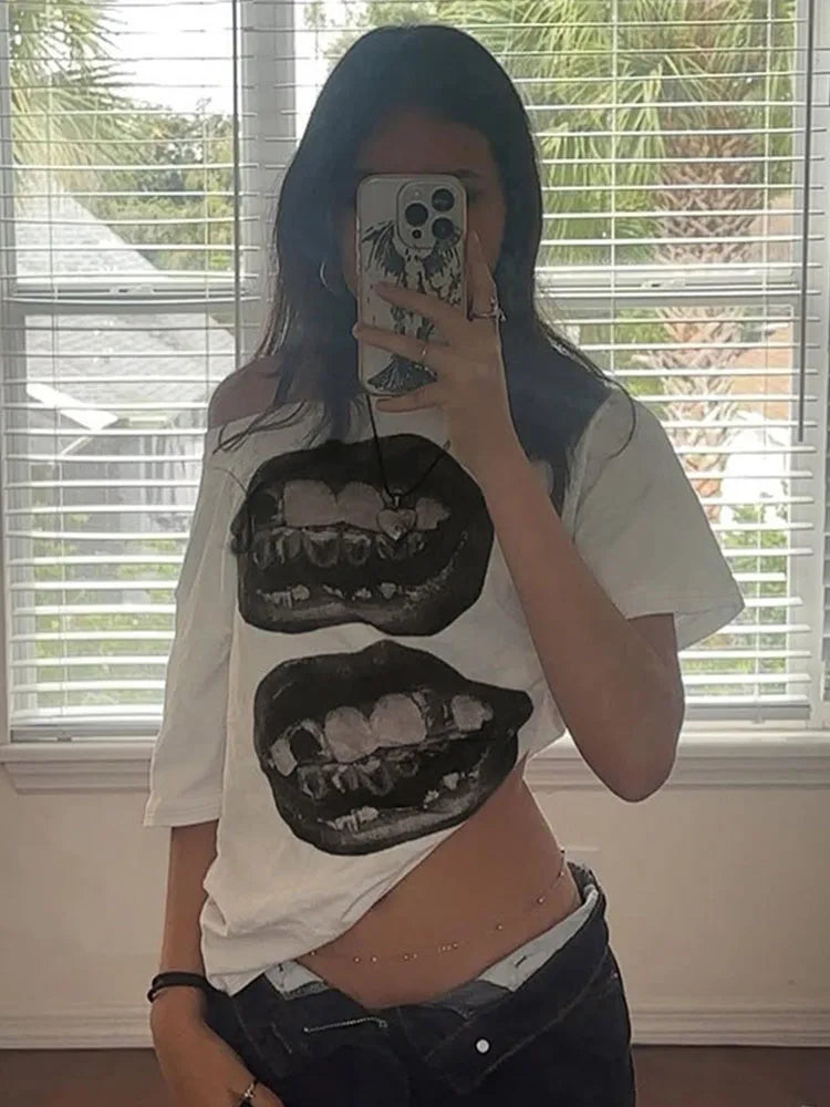 American Street Hip Hop Mouth Print Loose T-shirt Women Personalized Casual Top by KATA - Tropical Star