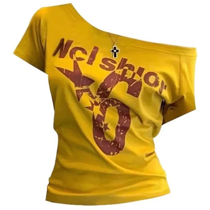 Y2k Sport Summer Off shoulder Top Women Sexy Vintage 2000s Short sleeve T shirt Lady Body Basic Crop Top Female Casual by KATA - Tropical Star