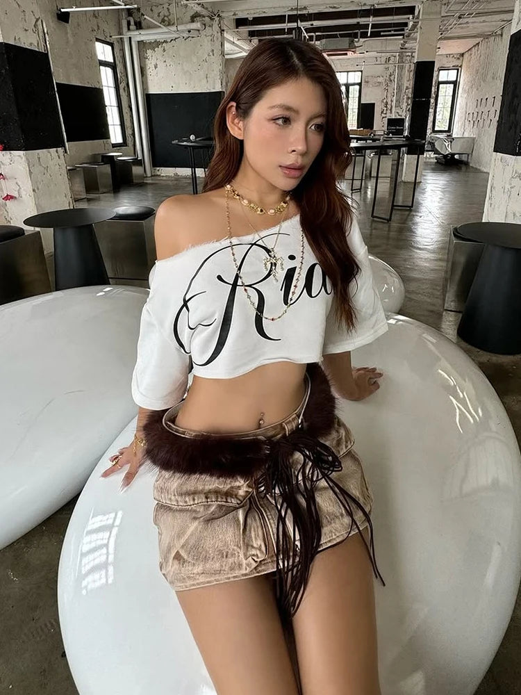 Weird Puss Letter Print Crop Tops Women Summer Trend Wild Biased Collar Street Skinny Simple Classic Streetwear Daily Soft Tees by KATA - Tropical Star