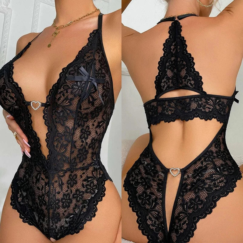 Women Lace Body Suit Sexy Lingerie Sleepwear Mesh Lace Floral Deep V See-through Teddies Bodysuits Naughty Eroctic Costumes by KATA - Tropical Star