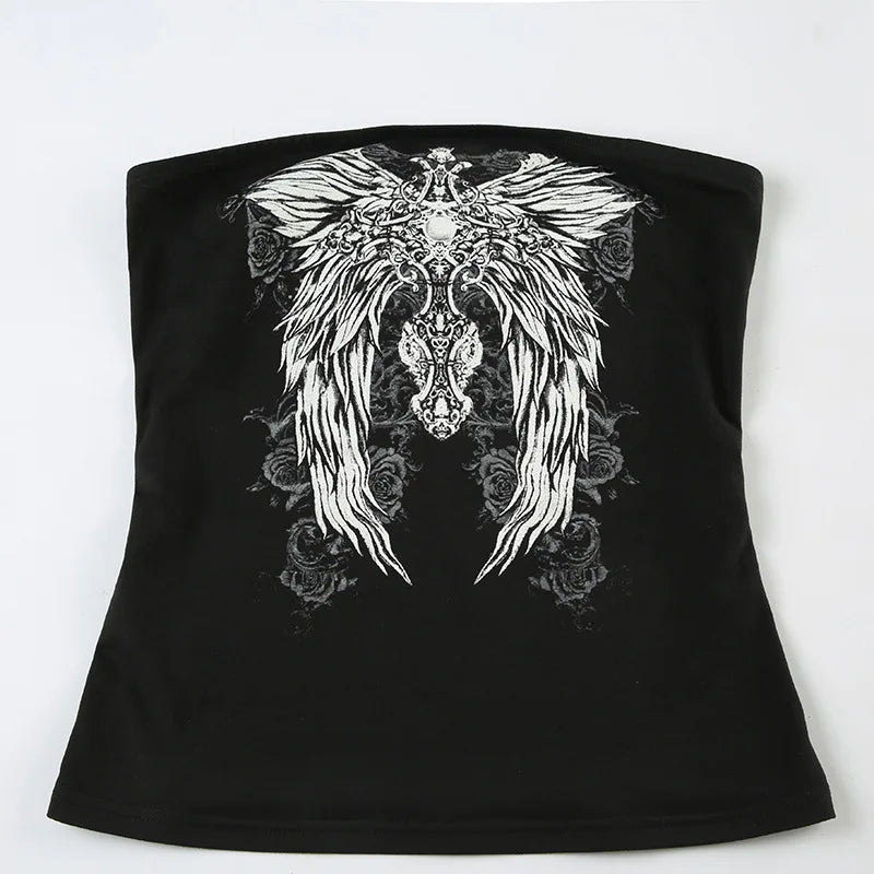 Gothic Print Black Tube Top Women Strapless Skinny Cropped Tops Summer Casual Chic Graphic Tees Y2K Streetwear Vest Basic