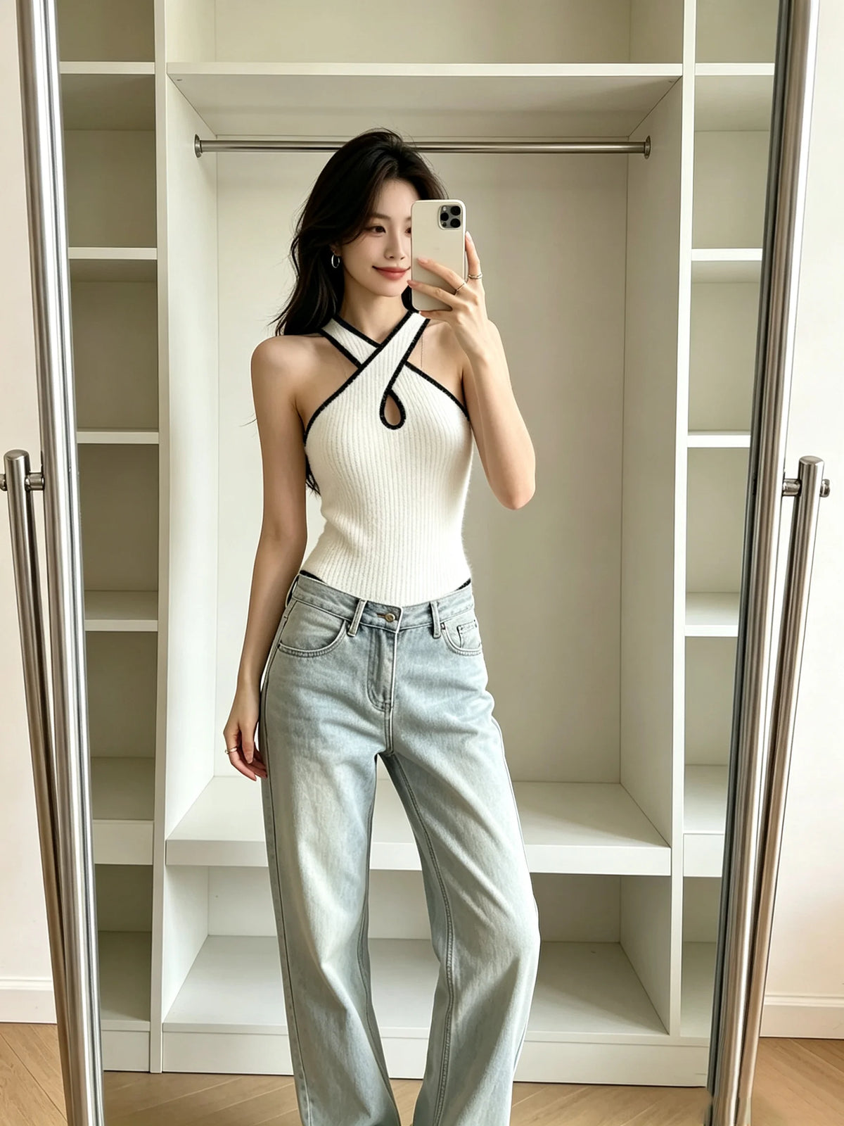 3pc Y2K Fashion Halter Bodysuit Criss Cross Neck Cutout Ribbed Knit Contrast Trim Slim Women Sleeveless Body Suit Club Outfit