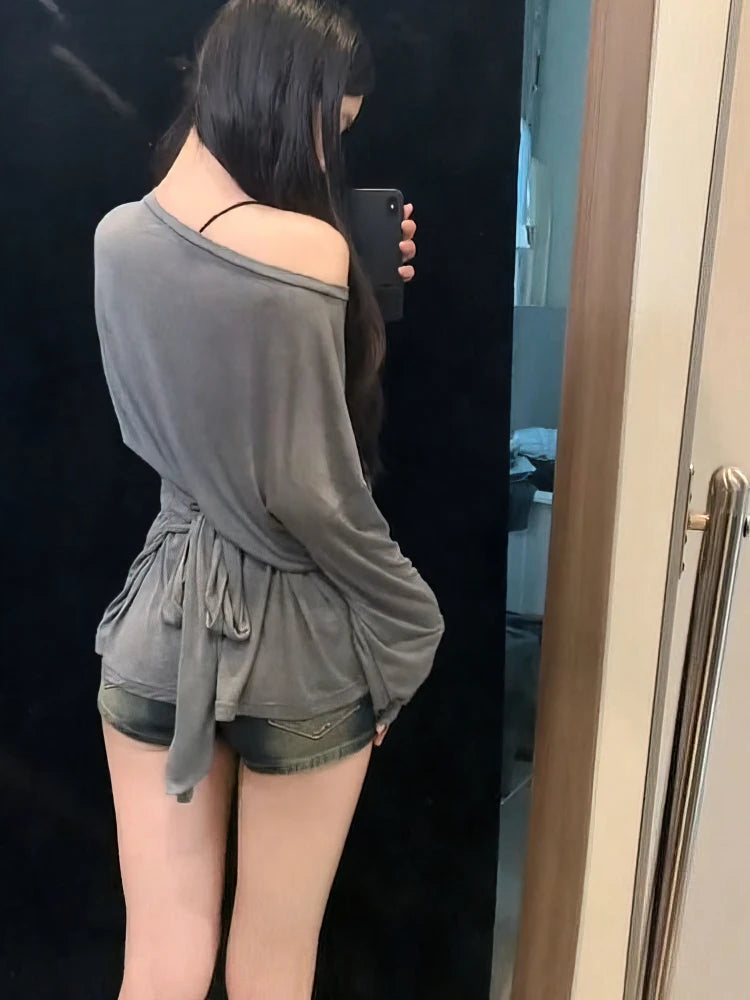 See Through Long sleeve Oversize T shirt Women Sexy Back Bandage Off shoulder Top Female Basic Long Tees Korean Chic Lady New by KATA - Tropical Star