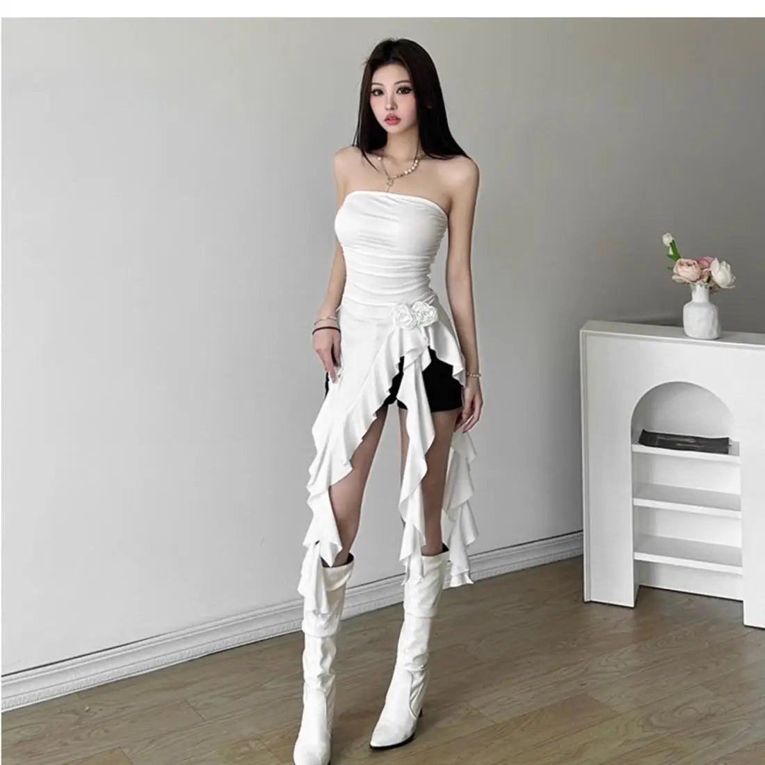 Women Bustier Tops Irregular 3D Roses Ruffle Slim Aesthetic Summer Chic Streetwear Tops Solid Red Womenswear Black White Sexy - Tropical Star