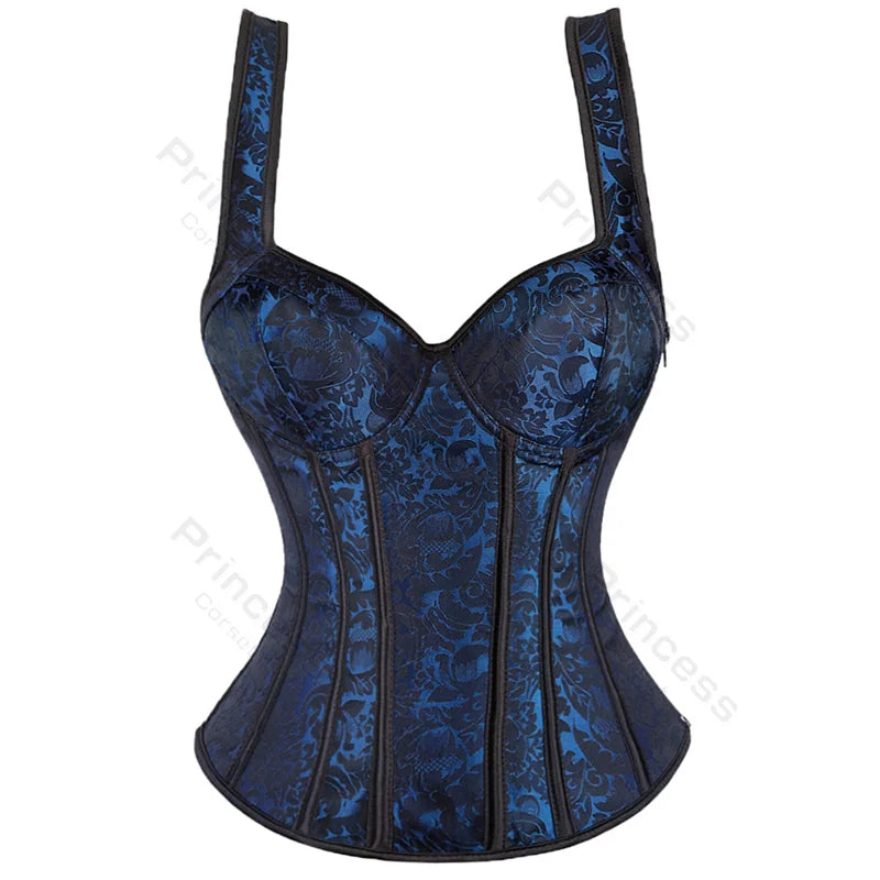 Women Corset with Straps Black Overbust Corset Plus Size Floral Jacquard Corset Zipper Top Gothic Steampunk Corset Bustier