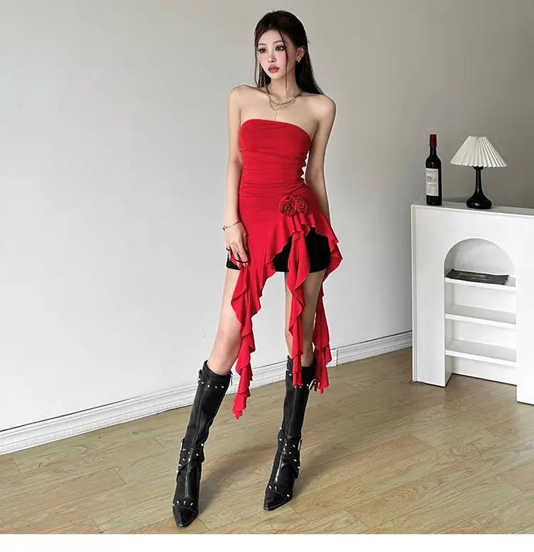 Women Bustier Tops Irregular 3D Roses Ruffle Slim Aesthetic Summer Chic Streetwear Tops Solid Red Womenswear Black White Sexy - Tropical Star